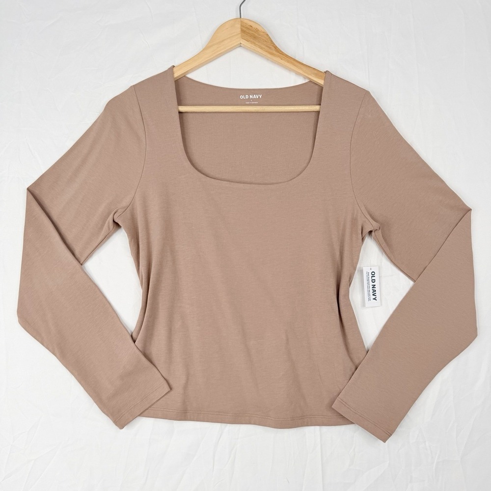 Old Navy Women's Top Square Neck Brown Knit Long Sleeve NWT Cotton Blend SZ-L